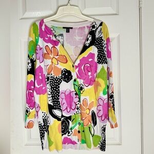 Cyrus Pink Multi Floral Button Down Cardigan Sweater Bright Fun Colors Sz XL